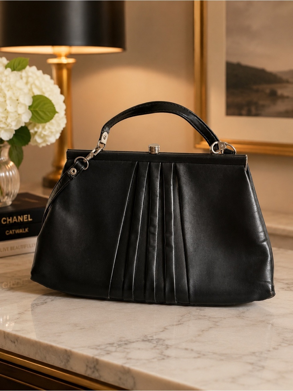 Vintage 1950s Black Pleated Frame Handbag ILGWU Union Made Mid Century Purse